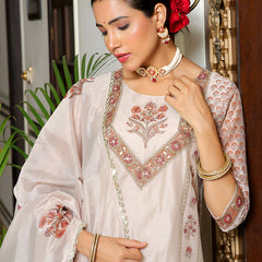 Women Grey Chanderi Block printed Embroidered kurta set with solid pants & dupatta