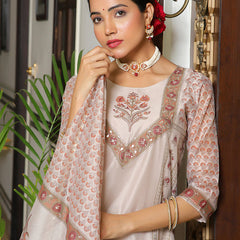 Women Grey Chanderi Block printed Embroidered kurta set with solid pants & dupatta