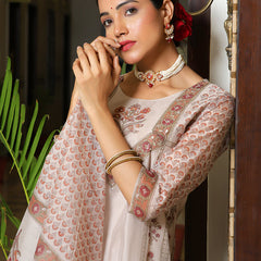 Women Grey Chanderi Block printed Embroidered kurta set with solid pants & dupatta