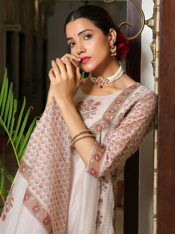 Women Grey Chanderi Block printed Embroidered kurta set with solid pants & dupatta