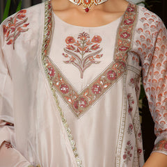 Women Grey Chanderi Block printed Embroidered kurta set with solid pants & dupatta