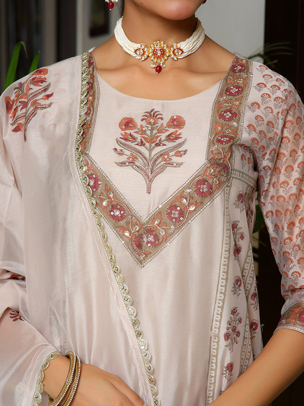Women Grey Chanderi Block printed Embroidered kurta set with solid pants & dupatta