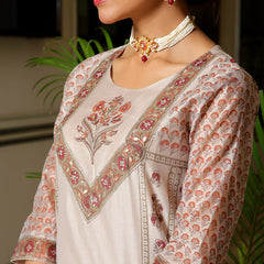 Women Grey Chanderi Block printed Embroidered kurta set with solid pants & dupatta