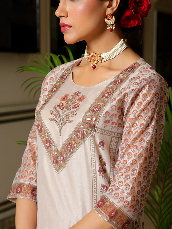 Women Grey Chanderi Block printed Embroidered kurta set with solid pants & dupatta