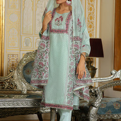 Women Teal Chanderi Block printed Embroidered kurta set with solid pants & dupatta