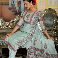 Women Teal Chanderi Block printed Embroidered kurta set with solid pants & dupatta