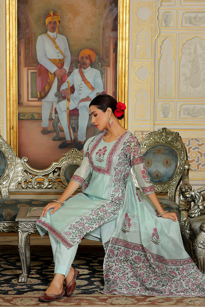 Women Teal Chanderi Block printed Embroidered kurta set with solid pants & dupatta