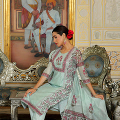 Women Teal Chanderi Block printed Embroidered kurta set with solid pants & dupatta