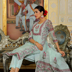 Women Teal Chanderi Block printed Embroidered kurta set with solid pants & dupatta
