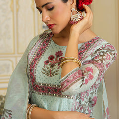 Women Teal Chanderi Block printed Embroidered kurta set with solid pants & dupatta
