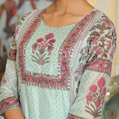 Women Teal Chanderi Block printed Embroidered kurta set with solid pants & dupatta