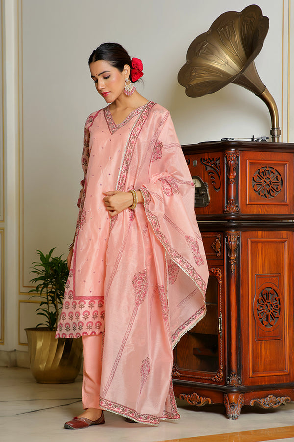 Women Orange Chanderi Block printed Embroidered kurta set with solid pants & dupatta