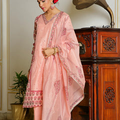 Women Orange Chanderi Block printed Embroidered kurta set with solid pants & dupatta