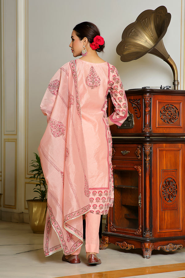 Women Orange Chanderi Block printed Embroidered kurta set with solid pants & dupatta