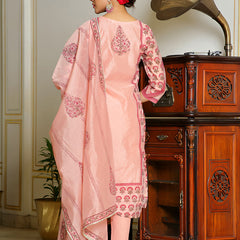 Women Orange Chanderi Block printed Embroidered kurta set with solid pants & dupatta
