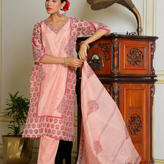 Women Orange Chanderi Block printed Embroidered kurta set with solid pants & dupatta