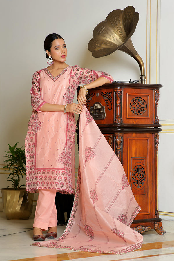 Women Orange Chanderi Block printed Embroidered kurta set with solid pants & dupatta