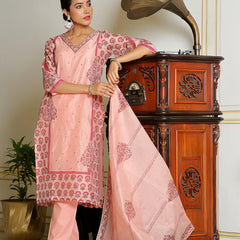 Women Orange Chanderi Block printed Embroidered kurta set with solid pants & dupatta