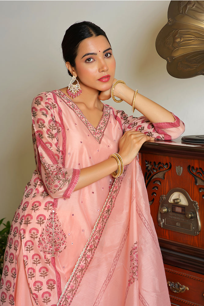 Women Orange Chanderi Block printed Embroidered kurta set with solid pants & dupatta