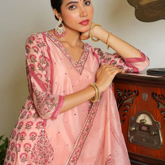 Women Orange Chanderi Block printed Embroidered kurta set with solid pants & dupatta