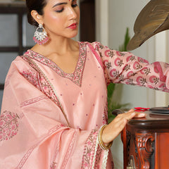 Women Orange Chanderi Block printed Embroidered kurta set with solid pants & dupatta