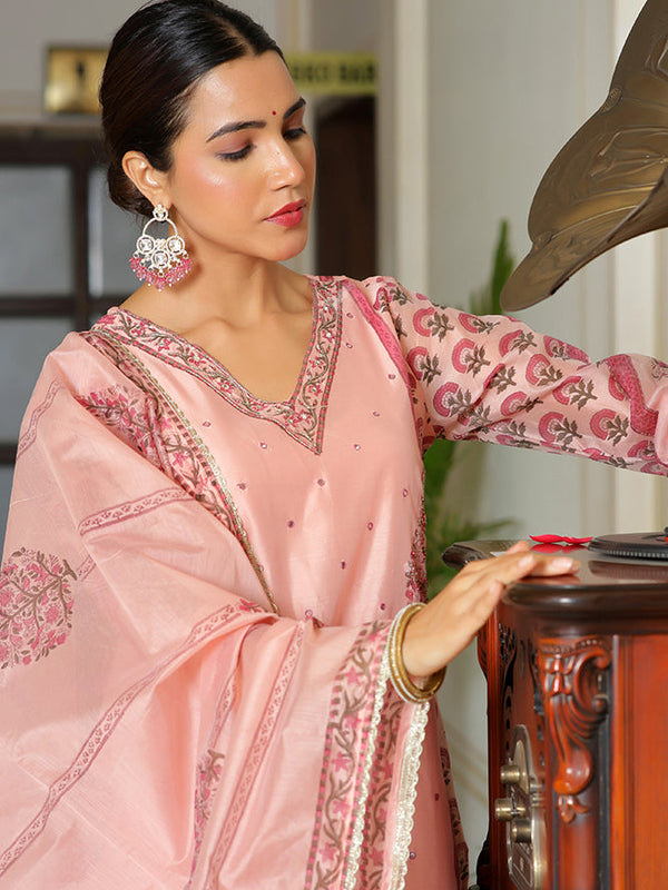 Women Orange Chanderi Block printed Embroidered kurta set with solid pants & dupatta