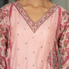 Women Orange Chanderi Block printed Embroidered kurta set with solid pants & dupatta