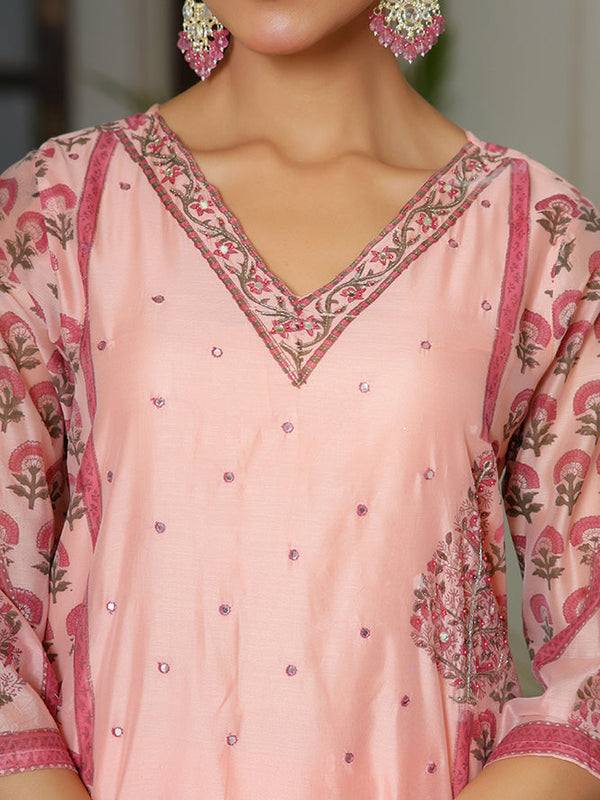 Women Orange Chanderi Block printed Embroidered kurta set with solid pants & dupatta