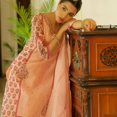 Women Orange Chanderi Block printed Embroidered kurta set with solid pants & dupatta