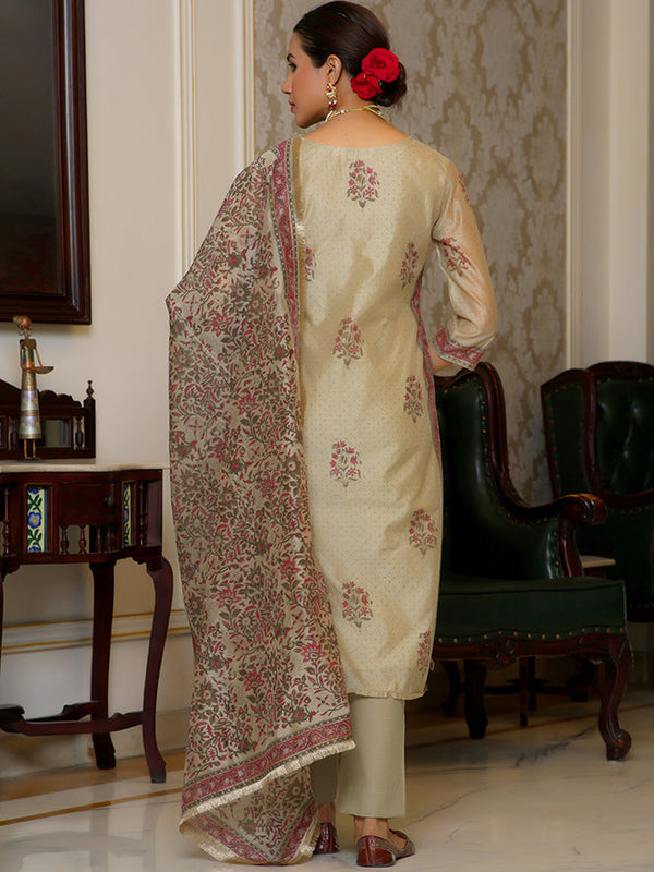 Women green Chanderi Block printed Embroidered kurta set with solid pants & dupatta