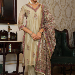 Women green Chanderi Block printed Embroidered kurta set with solid pants & dupatta