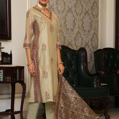 Women green Chanderi Block printed Embroidered kurta set with solid pants & dupatta