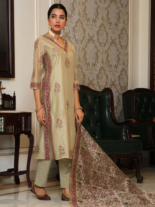 Women green Chanderi Block printed Embroidered kurta set with solid pants & dupatta