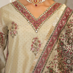 Women green Chanderi Block printed Embroidered kurta set with solid pants & dupatta
