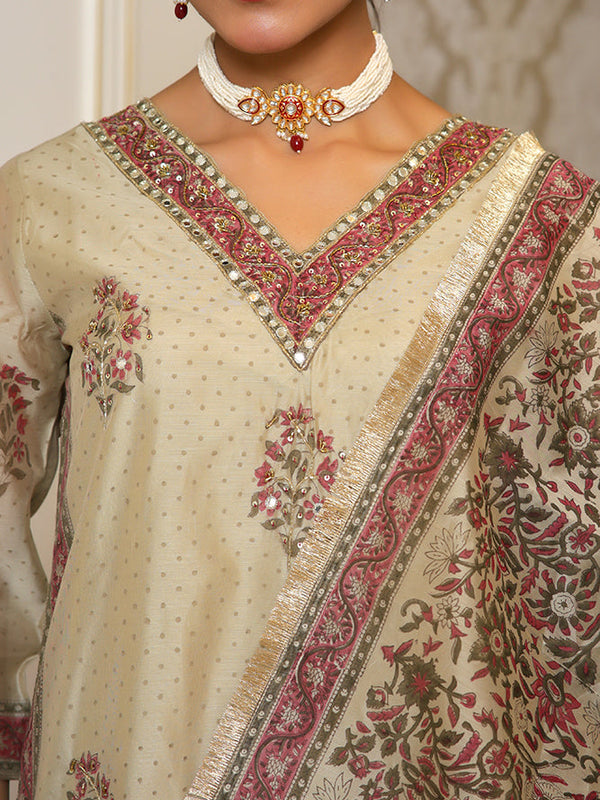Women green Chanderi Block printed Embroidered kurta set with solid pants & dupatta