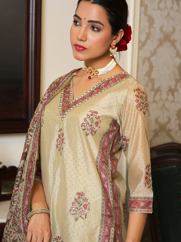 Women green Chanderi Block printed Embroidered kurta set with solid pants & dupatta