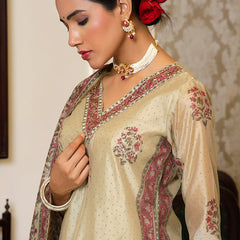 Women green Chanderi Block printed Embroidered kurta set with solid pants & dupatta