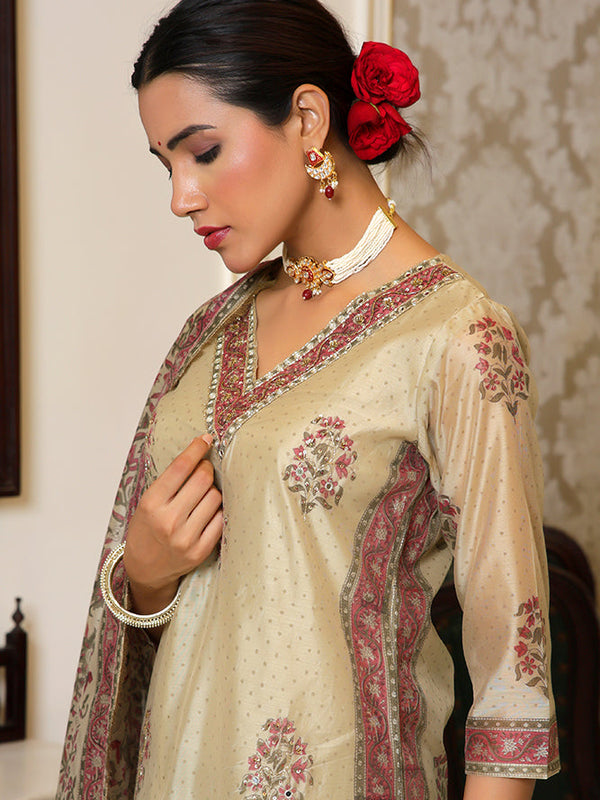 Women green Chanderi Block printed Embroidered kurta set with solid pants & dupatta