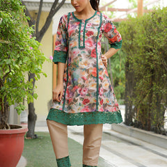 Women embroidered printed  kurta set with laced solid pants