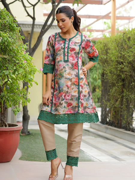 Women embroidered printed  kurta set with laced solid pants
