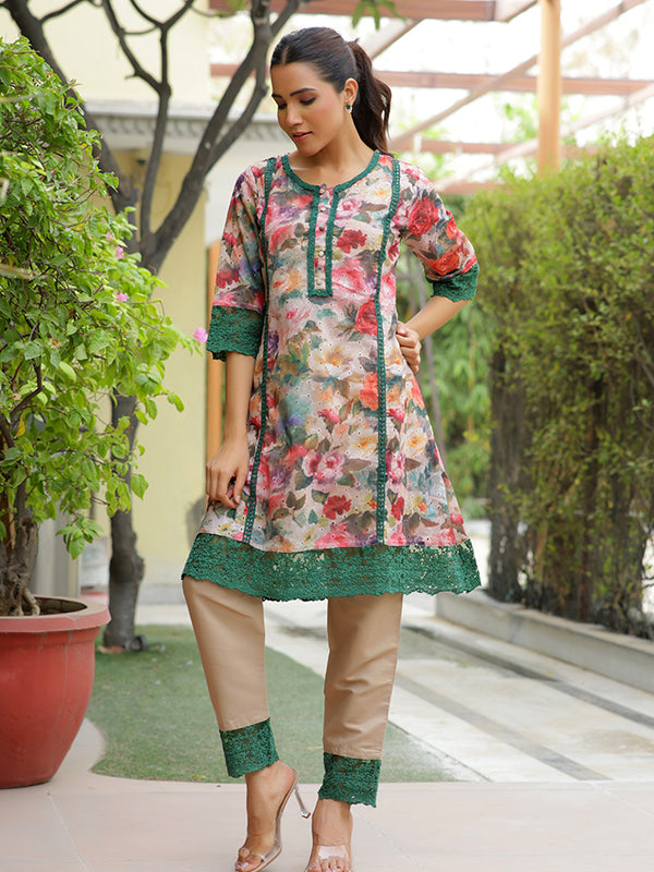 Women embroidered printed  kurta set with laced solid pants