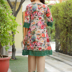 Women embroidered printed  kurta set with laced solid pants