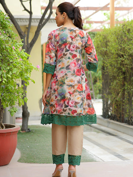Women embroidered printed  kurta set with laced solid pants