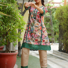 Women embroidered printed  kurta set with laced solid pants
