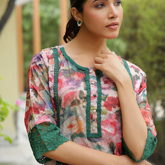 Women embroidered printed  kurta set with laced solid pants