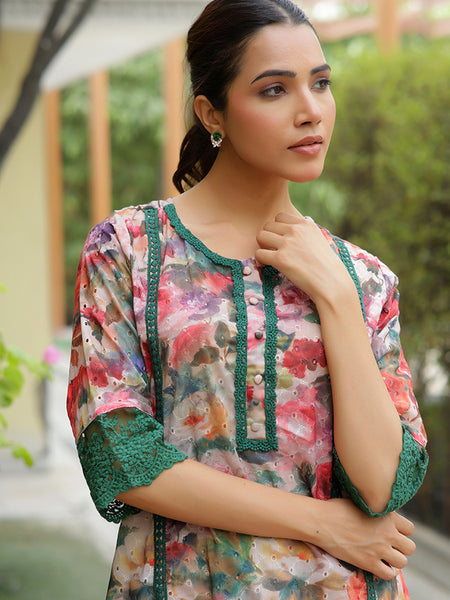 Women embroidered printed  kurta set with laced solid pants