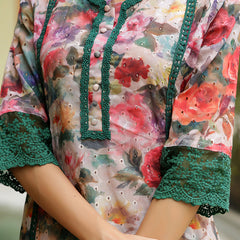 Women embroidered printed  kurta set with laced solid pants
