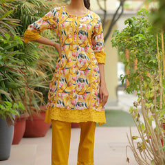 Women embroidered printed  kurta set with laced solid pants