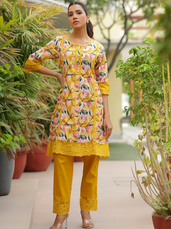 Women embroidered printed  kurta set with laced solid pants