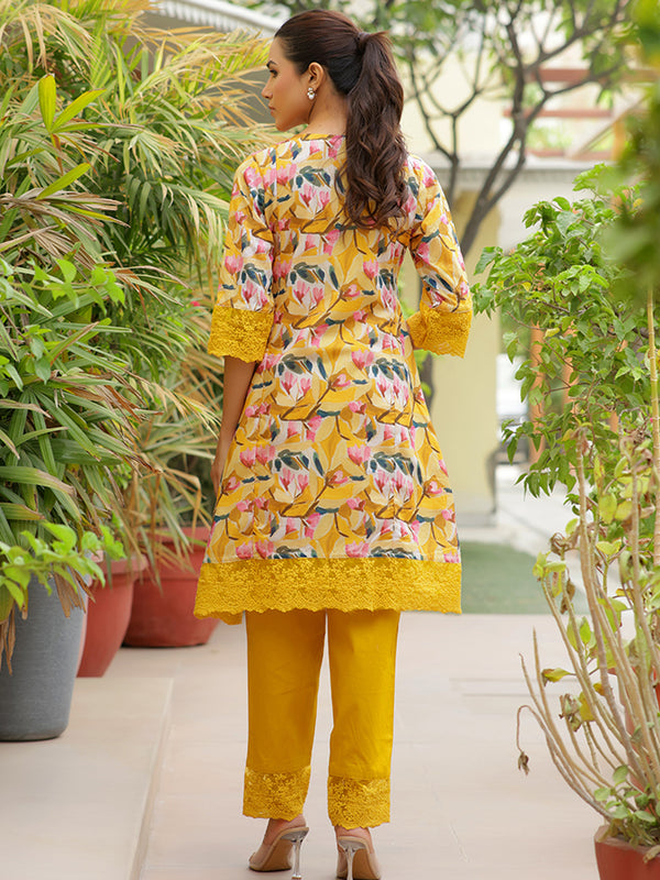 Women embroidered printed  kurta set with laced solid pants